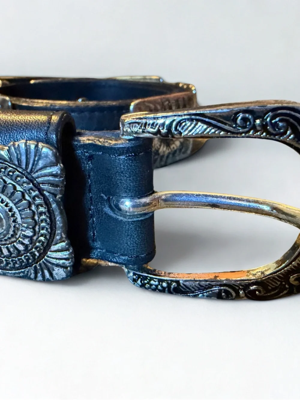 Vintage Western Tooled Leather Belt with Silver Conchos - black